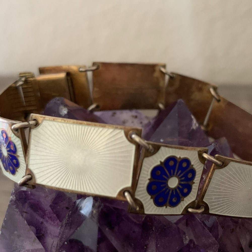 Sterling Guilloché Enamel Floral Link Bracelet